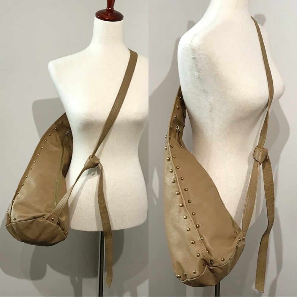 Patti Hansen for HUNG ON U Tan Leather Bronze Studded Cross Body Sling Bag Cross - Picture 3 of 16